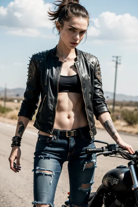 1girl, standing,adult, slender,  buzz cut, punk girl, mad max,(disheveled clothes:1.4), on her motorcycle