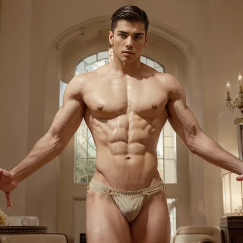 In jhon singer sargent , nstual lighting, soft neutral colors, a gorgeous, handsome, perfect anatomy, divine proportions, slim ripped body, realistic detailed muscles, tall, latino, young man standing in a victorian deco living room,