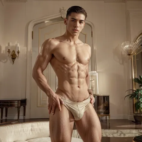 In jhon singer sargent , nstual lighting, soft neutral colors, a gorgeous, handsome, perfect anatomy, divine proportions, slim ripped body, realistic detailed muscles, tall, latino, young man standing in a victorian deco living room,