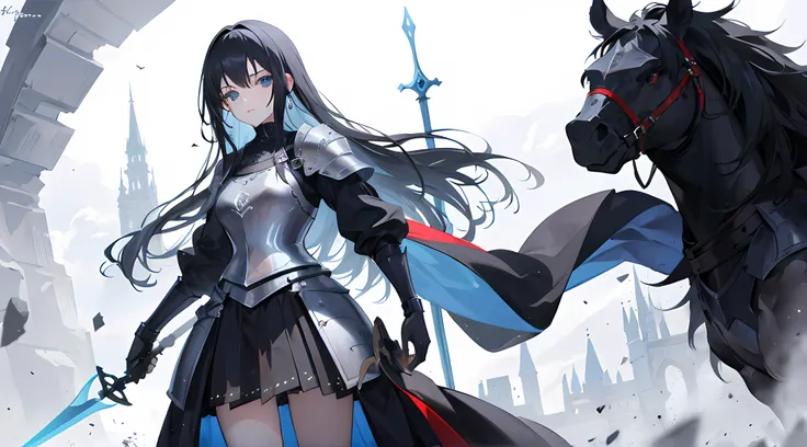 1girl, long black hair, blue eyes, wearing knight armor, skirt, holding broadsword, medieval, fantasy, highres, ultrasharp, 8K, masterpiece, looking at viewer