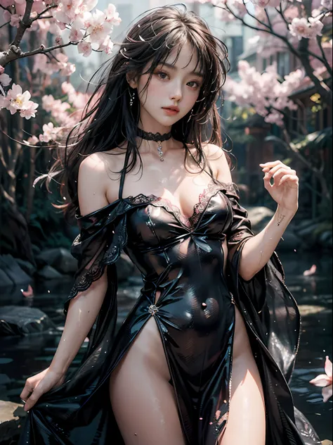 loose outfit、Show shoulders、Dark Color String Dress、How to wear a black gown、Decorated with intricate patterns and bright colors、Transparent material that makes the skin shine、Artistic depiction of seductive woman in gown with wet thin cloth and transparen...