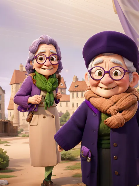 masterpiece, best quality, an old woman with glasses and a scarf on, wearing a purple coat and green scarf, standing at the park