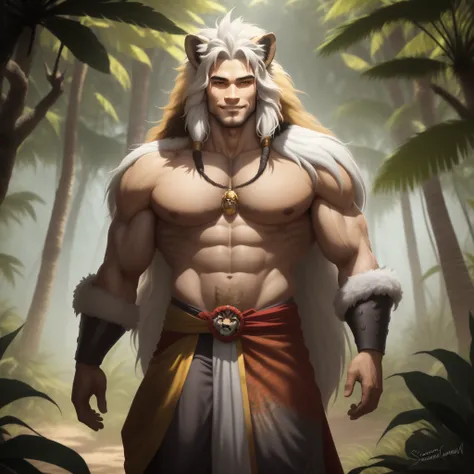 The Beast God Cessian is a tall, imposing figure with a commanding presence. He has a chiseled face, skin white and smooth, and his most striking feature is his flowing mane of golden locked hair that is to his waist. His eyes, reminiscent of a lions, radi...