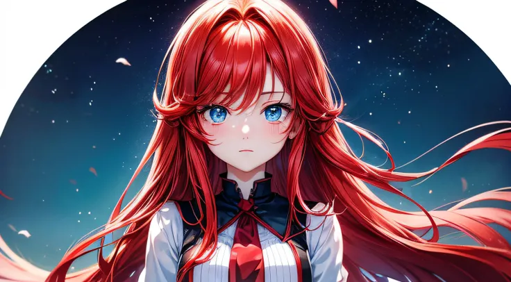 A beautiful teen anime girl with red hair and blue eyes, long hair