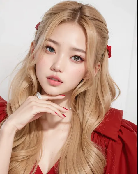 um close up de uma mulher com cabelos longos usando um vestido vermelho, Parque Roseanne do Blackpink, maquiagem sul-coreana popular, maquiagem coreana popular, Retrato de Jossi de Blackpink, jennie blackpink, jossi do blackpink, Lalisa Manobal, Mulher sul...