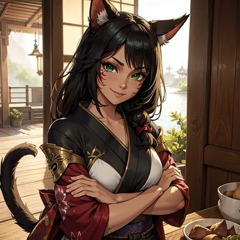 female Miqote Final Fantasy 14, samouraï kimono , Arms crossed, Dark hair, Green eyes, Tail, brown skin tone, tanned skin, cats tail; portrait, smiling face, tribal mark, exterior scene,