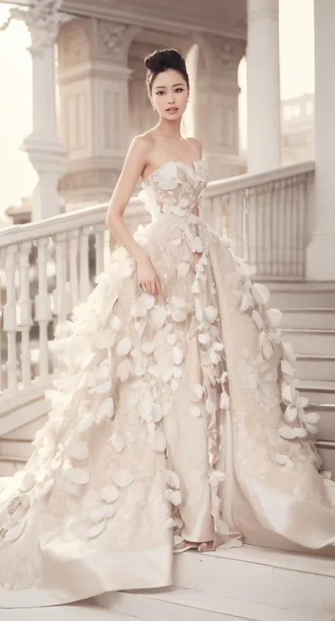 a asian woman in a white wedding dress standing on a set of stairs, dressed beautiful gown, intricate gown, stunning details, extravagant dress, long luxurious intricate gown, stunning elegant, very beautiful and elegant, beautiful and elegant, exquisite d...