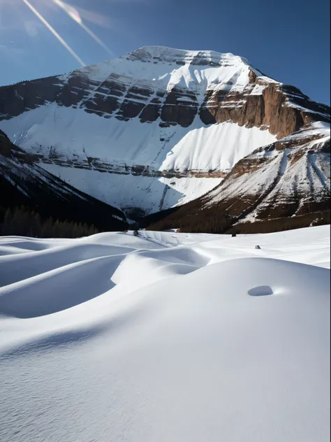 Photograph of a snowy mountain (good composition), (in frame), centered, 8k, 4k, detailed, attractive, beautiful, impressive, photorealistic, realistic, cinematic composition, volumetric lighting, high-resolution, vivid, detailed, stunning, professional, l...