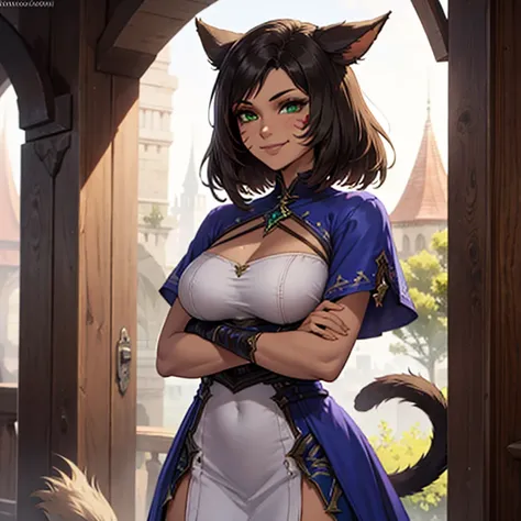 1 girl, Miqote Final Fantasy 14, Whit mage dress, Arms crossed, Dark hair, Green eyes, Tail, brown skin tone, tanned skin, cats tail; portrait, smiling face, tribal mark, exterior scene,