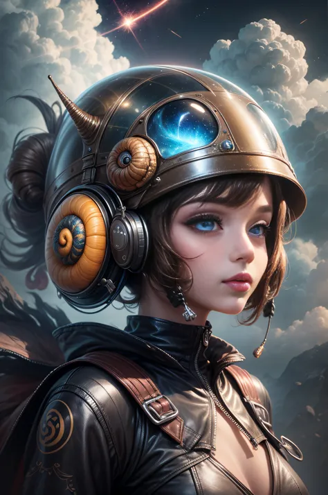 "A digital painting featuring an alien girl with a high-tech helmet, a snail as her enigmatic partner, surrounded by nebulous clouds, a vivid dream realized on canvas."