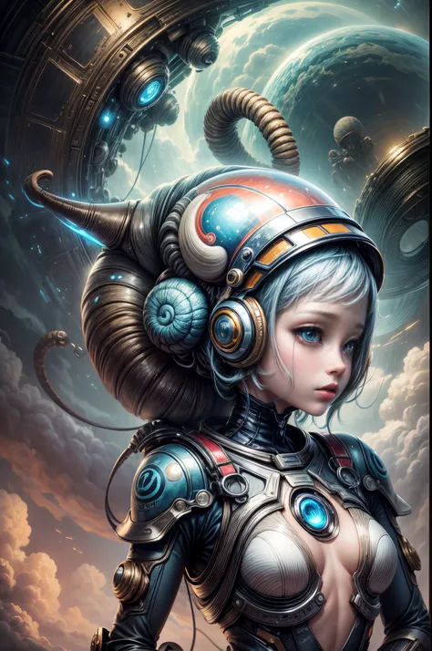 "A digital painting featuring an alien girl with a high-tech helmet, a snail as her enigmatic partner, surrounded by nebulous clouds, a vivid dream realized on canvas."