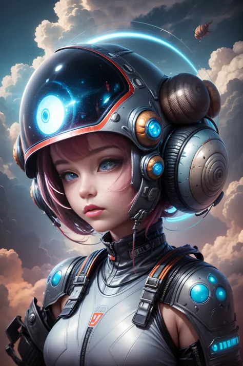 "A digital painting featuring an alien girl with a high-tech helmet, a snail as her enigmatic partner, surrounded by nebulous clouds, a vivid dream realized on canvas."