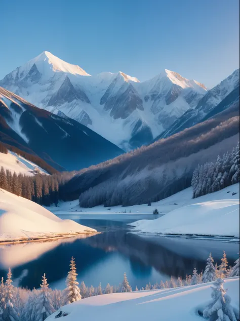 Perfectcomposition，Cold and warm contrast，snow mountains，lakes。Majestic，Magnificent。small detailed，realisticlying，cinematic ligh，ultra real photo，8K  UHD，Digital SLR，winning artwork