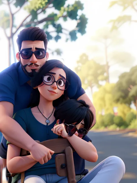 Young couple with sunglasses and passionate look. O jovem rapaz tem barba no rosto todo. The two of them are in a very beautiful background landscape