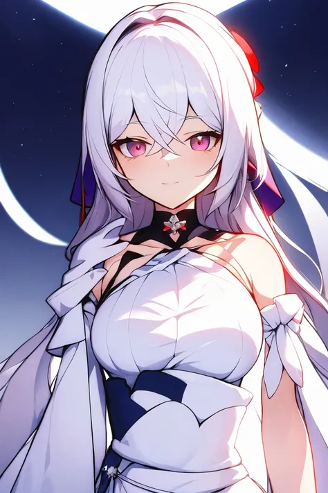 White-haired woman,Aura around,Beautiful red eyes,White gauze dress, thin, Purple cloth covers all vital organs except the face.................., Wear a knee-length white dress...................,The arm does not reach the top of the hip.....................