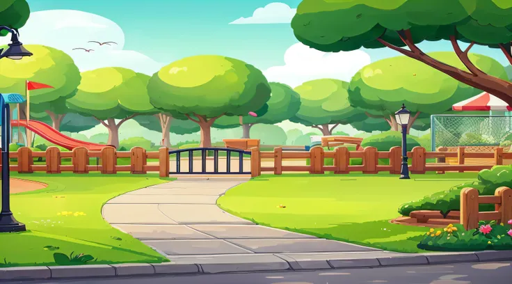 2D cartoon animation style,Park view at noon