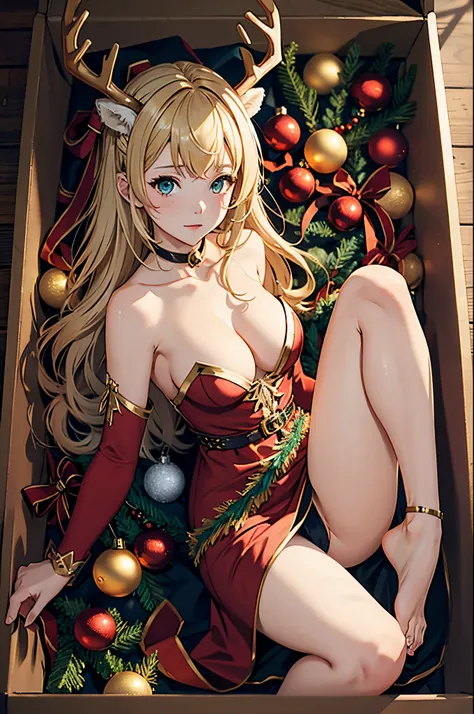 (masterpiece), (best quality), 1girl, deer horns, sexy, perfect body, golden eyes, blonde hair, sexy xmas dress, in box, full body, lying on side