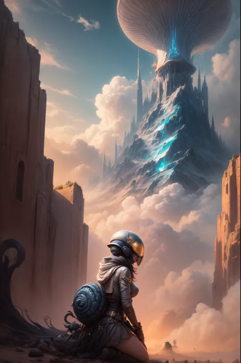 "Painterly depiction of an alien girl, her helmet exuding an otherworldly glow, a mystical snail companion, and dreamy clouds, a masterpiece of the fantastical."