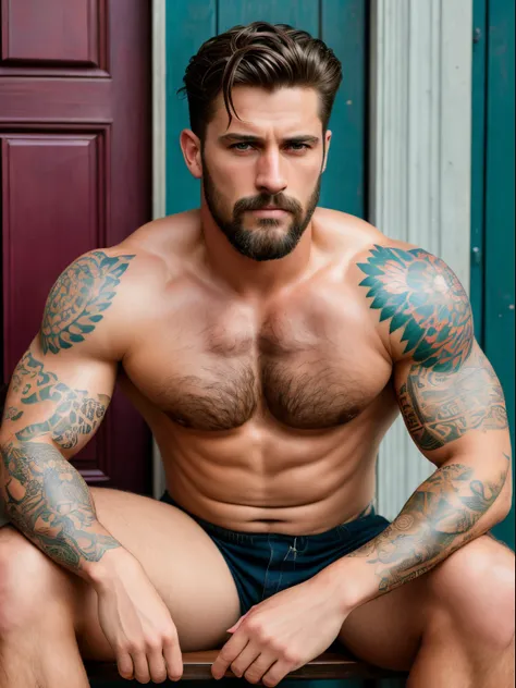 A photorealistic portrait of a insanely handsome man, no shirts, very strong, short messy hair, chiseled and extremely tattooed sitting on a step next to a big fierce dog, a large door as the background, a colorized photo by Jesse Richards, instagram conte...