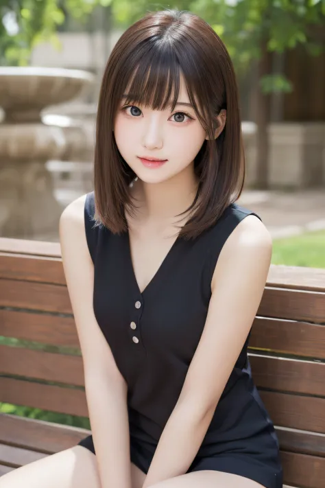 masutepiece, Best Quality, One girl, (Beautiful Girl:1.3), (16 years old:1.2), Very fine eye definition, (Symmetrical eyes:1.3), NSFW, (Cute sleeveless:1.3), Beautiful breasts, Brown eyes, Parted bangs, Brown hair, Upper teeth、Background outdoor