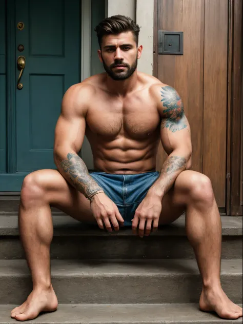 A photorealistic portrait of a insanely handsome man, no shirts, very strong, short messy hair, chiseled and extremely tattooed sitting on a step next to a big fierce dog, a large door as the background, a colorized photo by Jesse Richards, instagram conte...