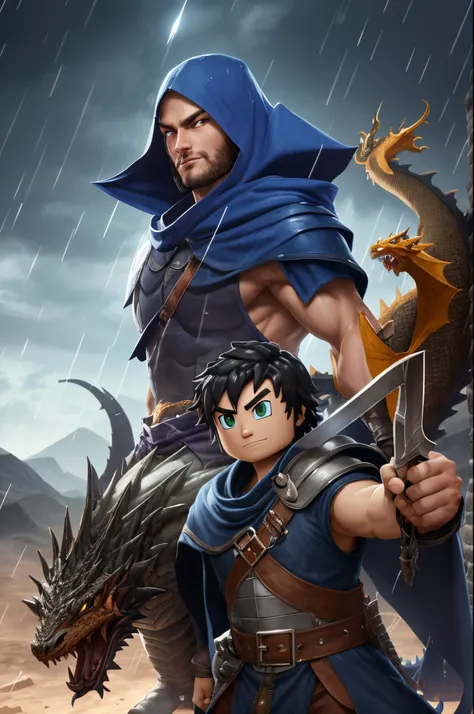 Hyper realistic roblox character named L34N holding dragon slayer in the rain