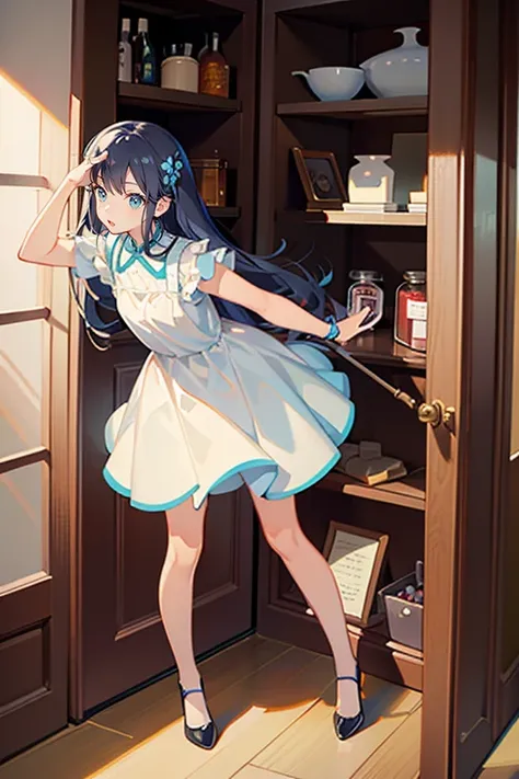 Best Quality、Wear a dress、full body Esbian、frontage、small cupboard、lean against the cupboard、Cheek cane、Gravure Pose