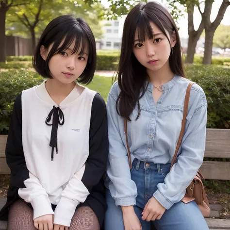 1girl in, 20yr old, gradient, up looking_で_viewer, Black_hair, Solo by JM, Yoshiko Akishino, Shorthair, sisterhood, a park