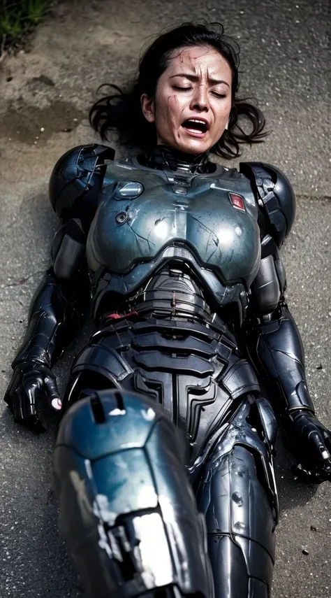 ((lying on your back on the ground))((Fulll body Shot))Middle-aged woman　Sweaty face、black weight robot suit、Full Black Armor, Black hair、Heavy Cyborg、Sweaty face、、Open the legs、((heavily damaged armor))、Opening Mouth、、((Drooling from the mouth..)) sexy ey...