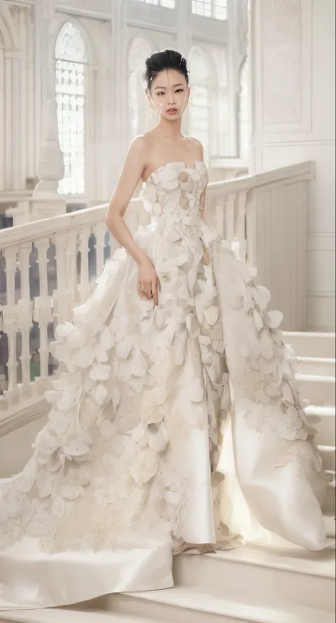 a asian woman in a white wedding dress standing on a set of stairs, dressed beautiful gown, intricate gown, stunning details, extravagant dress, long luxurious intricate gown, stunning elegant, very beautiful and elegant, beautiful and elegant, exquisite d...