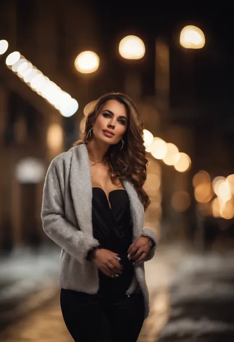 Beautiful model on a winter night，Frontlinse，Urban background, Full body recording, best qulaity，f / 1 HD-Fotografie T Bokeh，Depth of field macro The atmosphere is sensual. Ultra realistic womenno clothes ready for photoshooting in la