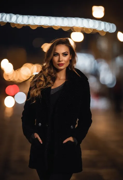 Beautiful model on a winter night，Frontlinse，Urban background, Full body recording, best qulaity，f / 1 HD-Fotografie T Bokeh，Depth of field macro The atmosphere is sensual. Ultra realistic womenno clothes ready for photoshooting in la