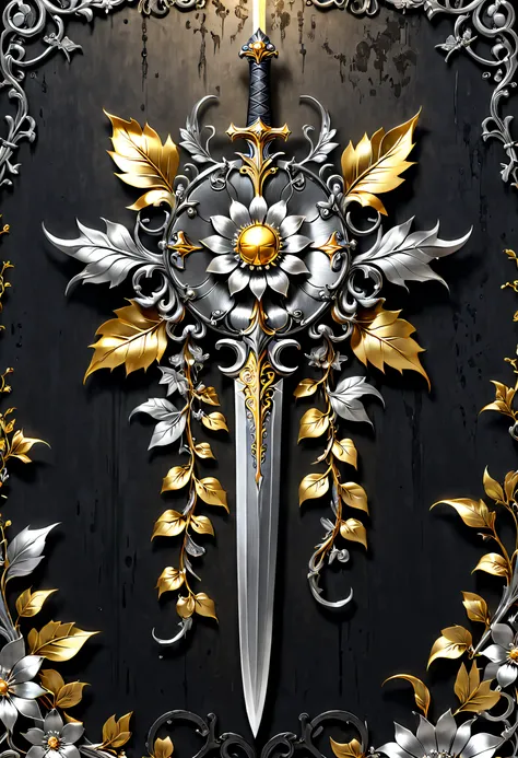 metal art，flower made of iron，iron leaf，iron pill，Iron flower，Full metallic luster，Metal texture in the post-industrial era，Iron decoration，platinum，Silver and gold，heavy metal style，Alloy iron flower surrounding magic sword，Alloy vines surround the magic ...