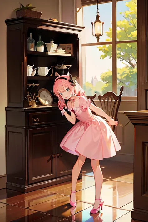 Best Quality、wear a light pink dress、full body Esbian、frontage、small cupboard、lean against the cupboard、Cheek cane、Gravure Pose、Leaning forward、castella