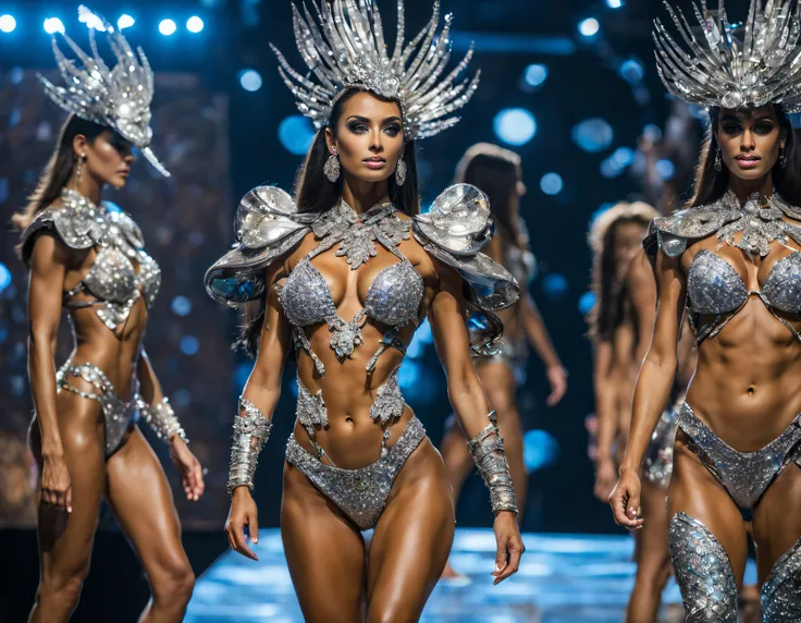 (cuerpo completo), hembra alienigena musculada culturista, bellisima, en bikini plateado con incrustaciones de piedras preciosas de colores, en plena exibicion de miss universo culturista, in the facilities of my universe with an ultra-modern designed stag...