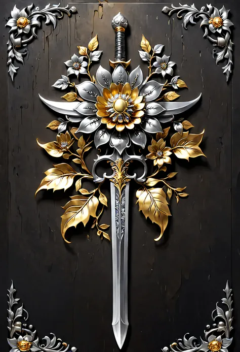 metal art，flower made of iron，iron leaf，iron pill，Iron flower，Full metallic luster，Metal texture in the post-industrial era，Iron decoration，platinum，silver and gold medals，heavy metal style，Alloy iron flower surrounding magic sword，Alloy vines surround the...