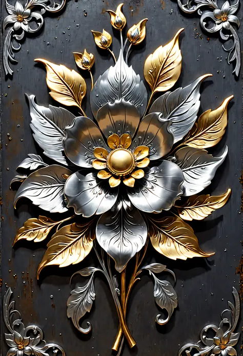 metal art，flower made of iron，iron leaf，Tiewan，Iron flower，Full metallic luster，Metal texture in the post-industrial era，Iron decoration，platinum，silver and gold medals，heavy metal style，