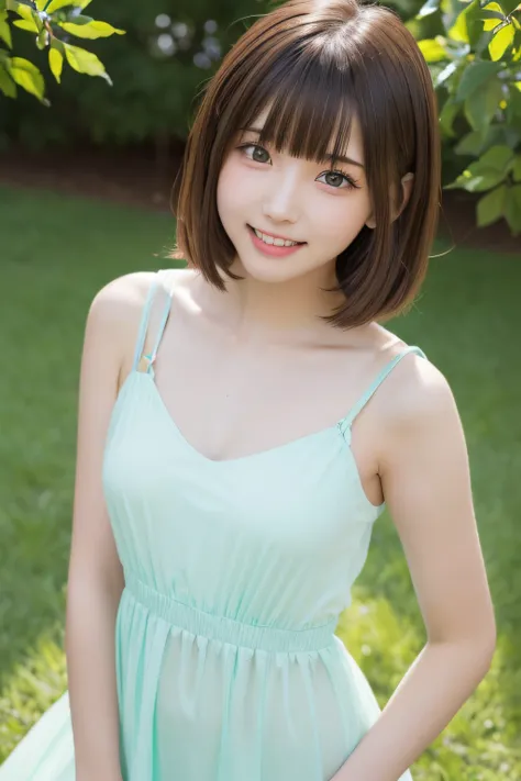 masutepiece, Best Quality, One girl, (Beautiful Girl:1.3), (16 years old:1.2), Very fine eye definition, (Symmetrical eyes:1.3), NSFW, (cute see-through summer dress:1.3), Beautiful breasts, Brown eyes, Parted bangs, Brown hair, Upper teeth、Background outd...