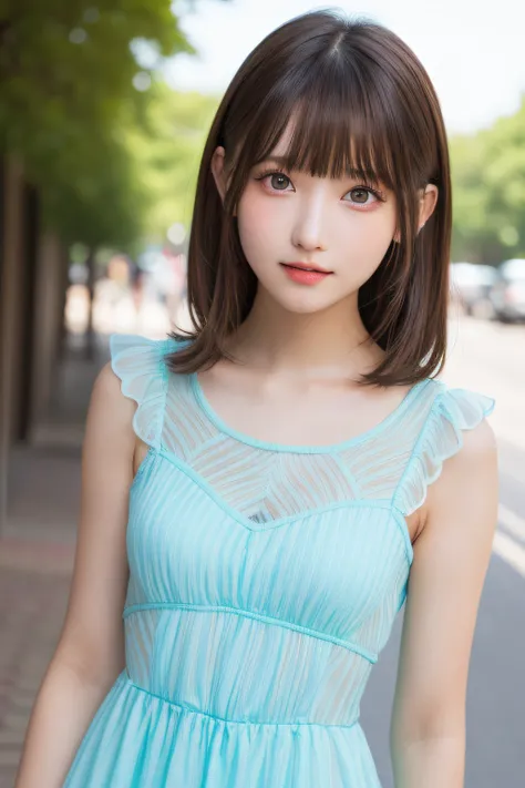 masutepiece, Best Quality, One girl, (Beautiful Girl:1.3), (16 years old:1.2), Very fine eye definition, (Symmetrical eyes:1.3), NSFW, (cute see-through summer dress:1.3), Beautiful breasts, Brown eyes, Parted bangs, Brown hair, Upper teeth、Background outd...