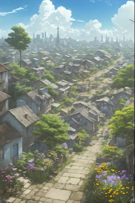 picturesque slums, very cozy little place, hyper realism, (anime Makoto Shinkai:0.4), old shabby house in city street,, outdoors, sky, cloud, day, scenery, tree, blue sky, building, sign, wide shot, utility pole, town, wilderness, flowers, a lot of utensil...