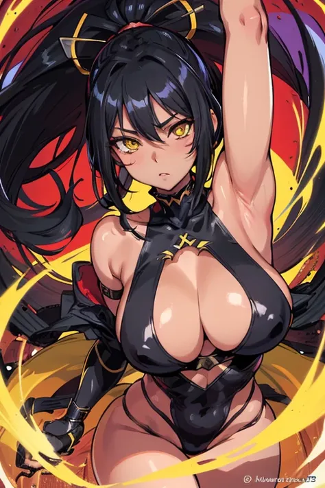 Anime style portrait of a sexy, Brazilians woman, with jet-black hair, yellow eyes, dark skin, perfect composition, hyper-detailed, 8k, high quality, perfect eyes, trending art, trend on ArtStation, sharp focus, Studio shot, intricate details, by tite kubo...