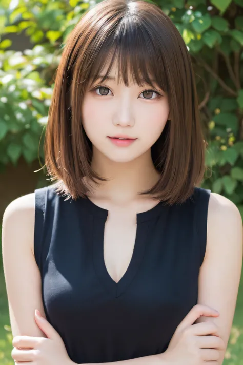 masutepiece, Best Quality, One girl, (Beautiful Girl:1.3), (16 years old:1.2), Very fine eye definition, (Symmetrical eyes:1.3), NSFW, (Cute sleeveless:1.3), Beautiful breasts, Brown eyes, Parted bangs, Brown hair, Upper teeth、Background outdoor