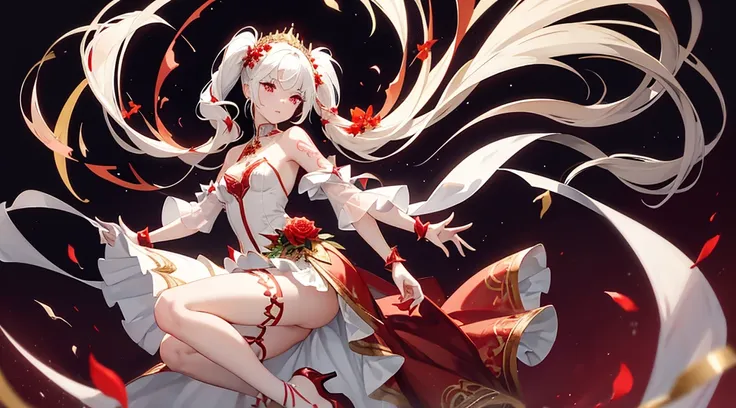 a girl, with a high pony tail and white hair with small red streaks in her hair with the bangs moved to the side, pretty red eyes with long lashes, wearing a flowy mostly white thigh length dress that shows her shoulders with red flowers, small tiny gold j...