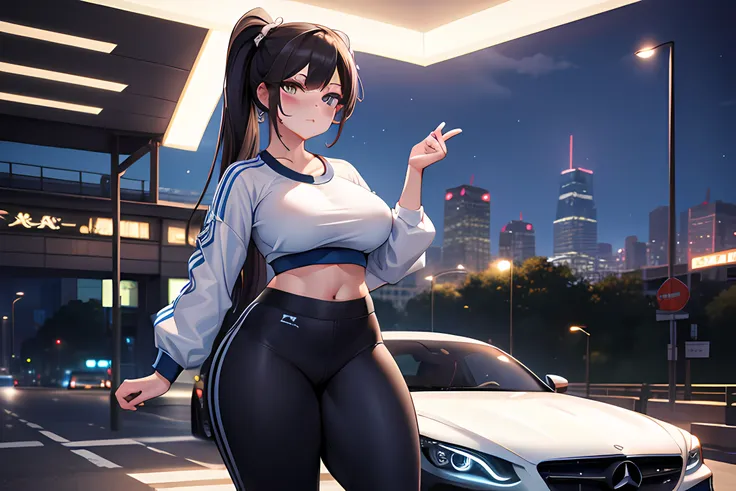 1 girl, sportswear, seductive look, city, standing, night, voluptuous, chun-li, mercedes benz, futuristic, masterpiece, high quality, yoga pants, car