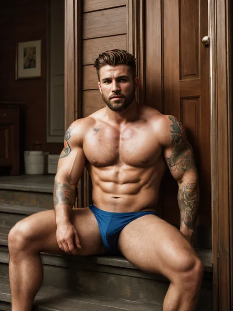 A photorealistic portrait of a insanely handsome man, no shirts, very strong, messy hair, chiseled and extremely tattooed sitting on a step next to a big fierce dog, a large door as the background, a colorized photo by Jesse Richards, instagram contest win...