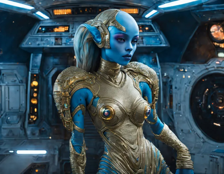 (cuerpo completo), extraterrestrial alien female similar to Lihö-Minaa princess of the people of the planet mül from the film Valerian and the city of a thousand planets , cuerpo atletico y exuberante, vestida de traje de noche corto, engarzado con oro ref...