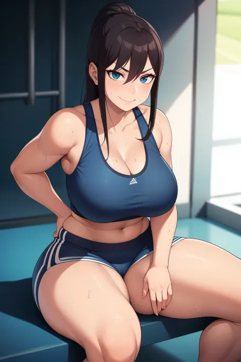 Woman in a sport outfit, sport bra, shorts, sweaty clothes, sweaty, curvy, busty, smirk, evil, thick thighs, sitting down, front view, presenting hindquartes, hand on crotch, looking at viewer