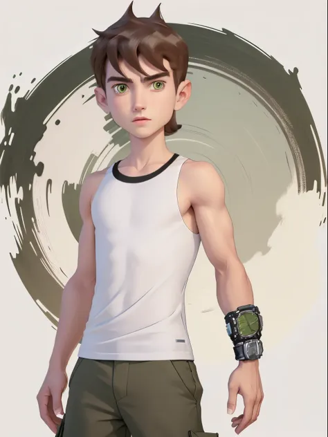 highres, masterpiece, best quality at best,best quality, 1boy, bentennyson, green eyes, cargo pants, watch, white tank top, clos...