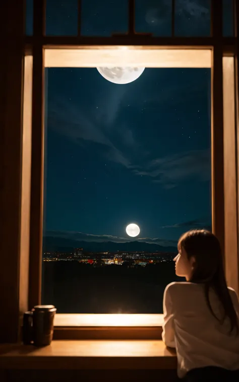 masterpiece, Best Quality, 8K, a full moon that fills the screen., 1 girl