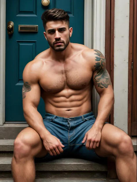 A photorealistic portrait of a insanely handsome man, no shirts, very strong, short messy hair, chiseled and extremely tattooed sitting on a step next to a big fierce dog, a large door as the background, a colorized photo by Jesse Richards, instagram conte...